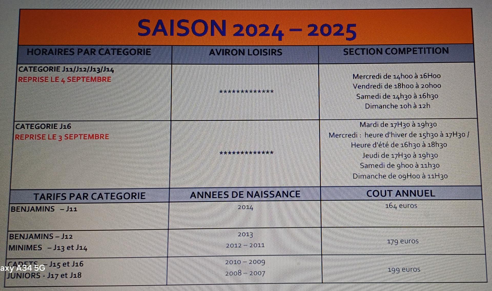 Tarifs cav saison 2024 2025 jeunes